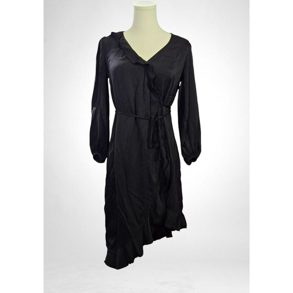 Velvet by Graham Spencer Size Extra Small Dress Wrap Ruffle Black High Low Midi - Picture 1 of 8